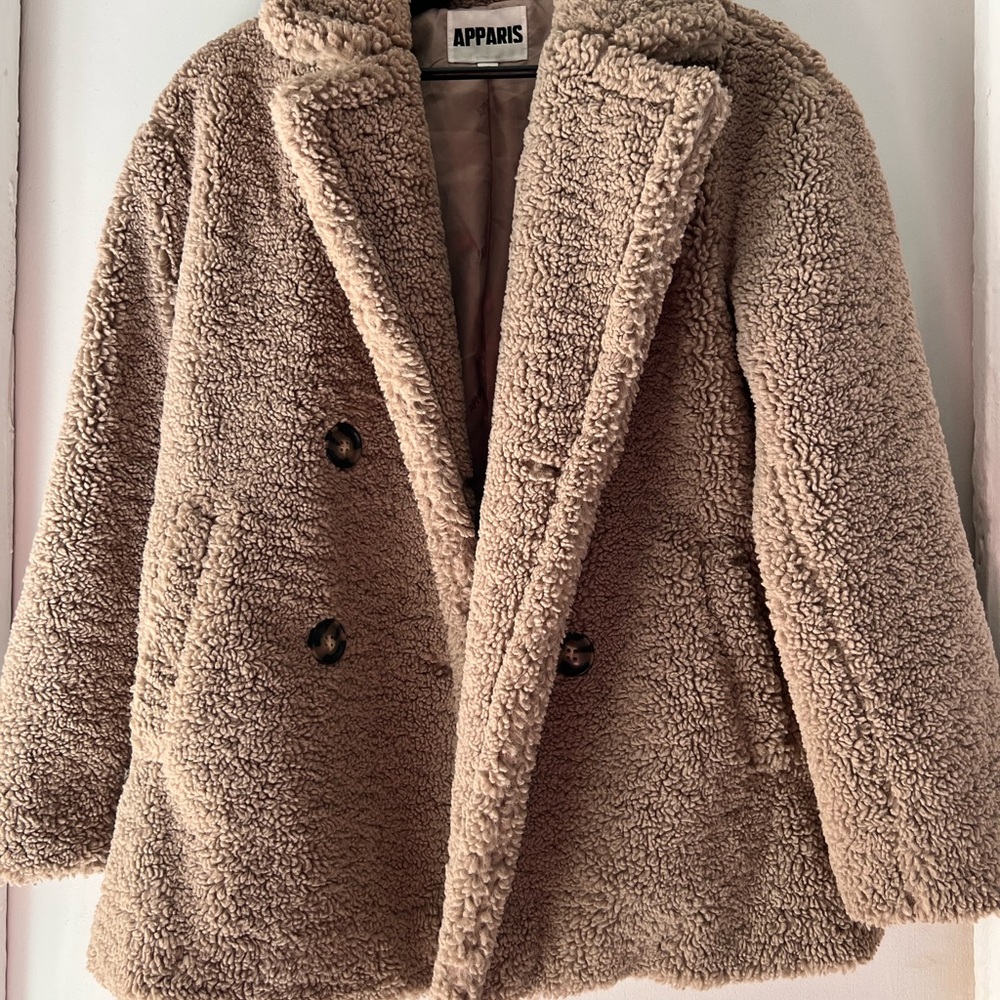 Apparis Tan Oversized Pea Coat Plush Texture